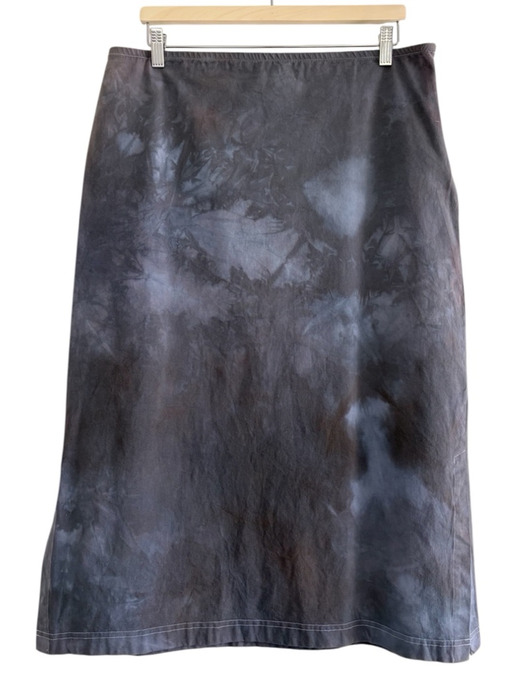 Eileen Fisher Midi Skirt Gray Blue Cotton Stretch Tie Dye Lagenlook Boho Sz L XL